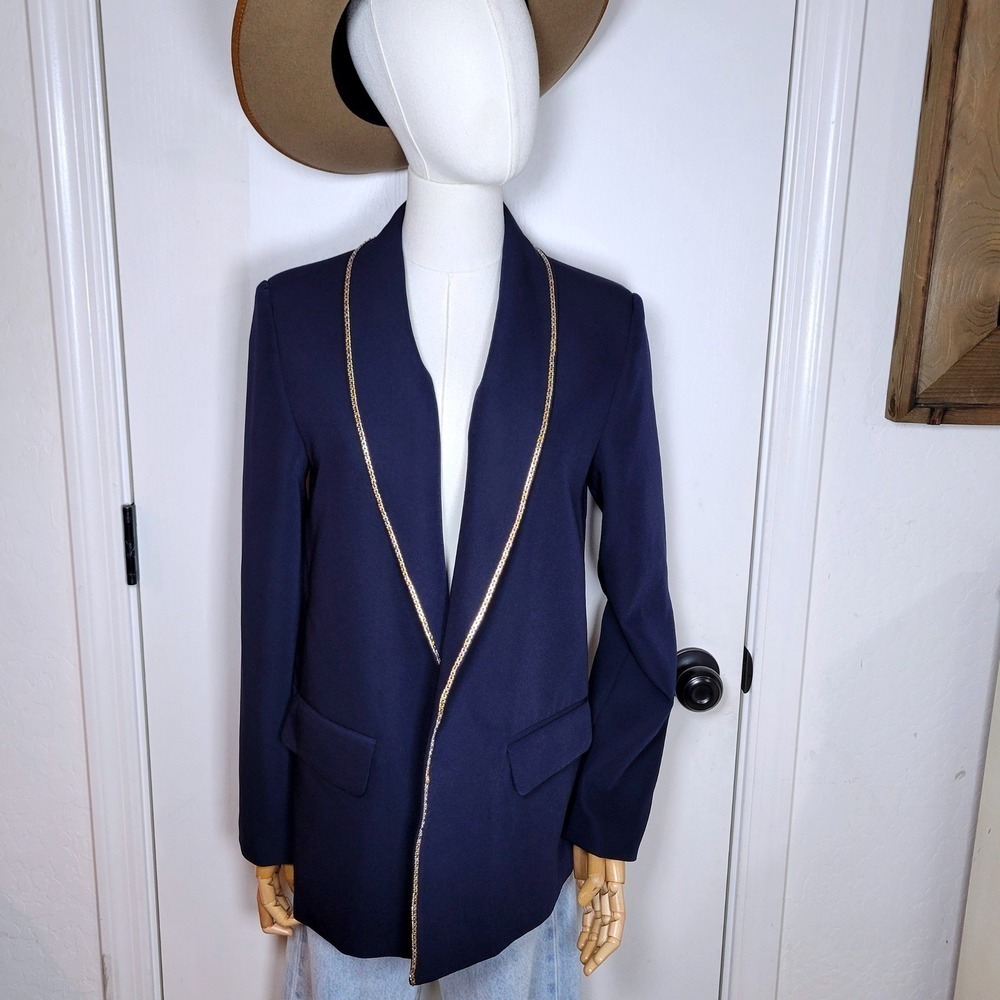 Vici Navy Blue Gold Chain Trim Blazer Cardigan Blazer Size Small Elegant Chic - Picture 2 of 11